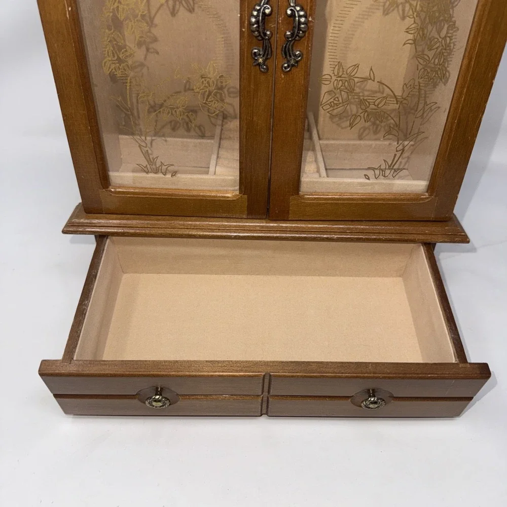 Vintage Wood 2 Door Jewelry Box Armoire Style Cabinet w Mirror Drawer Scuffs